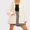 Trend Alaçatı Stili Women's Ecru Double Pocket Front Buttoned Oversize Unlined Plush Jacket