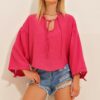 Trend Alaçatı Stili Women's Fuchsia Classic Collar Balloon Sleeve Linen Blouse