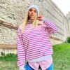 Trend Alaçatı Stili Women's Fuchsia-White Crew Neck Striped Seasonal Oversize Sweatshirt