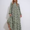 Trend Alaçatı Stili Women's Green Crew Neck Patterned Skirt Flounced Woven Viscose Dress