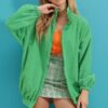 Trend Alaçatı Stili Women's Green Stand Up Collar Zippered Fleece Sweatshirt
