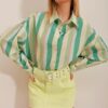 Trend Alaçatı Stili Women's Green Striped Poplin Crop Shirt