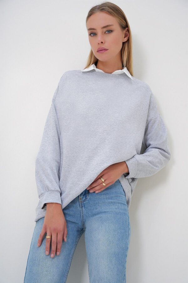 Trend Alaçatı Stili Women's Grey Melange Crew Neck Basic Oversize Long Sweatshirt