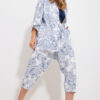 Trend Alaçatı Stili Women's Indigo Patterned Kimono With Jacket And Trousers Linen Woven Bottom Top Set