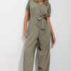 Trend Alaçatı Stili Women's Khaki Front Buttoned Double Pocket Mikanos Linen Jumpsuit