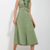 Trend Alaçatı Stili Women's Khaki Front Frilly Belted Poplin Woven Dress