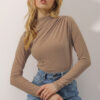 Trend Alaçatı Stili Women's Milk Brown High Neck Draped Shoulder Sandy Crop Blouse