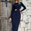 Trend Alaçatı Stili Women's Navy Blue Outcut Cut Self-Textured Midi Dress