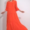 Trend Alaçatı Stili Women's Orange V-Neck Front Lace-Up Layered Flounced Woven Viscose Dress