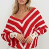 Trend Alaçatı Stili Women's Red V-Neck Bias Striped Oversize Knitwear Sweater
