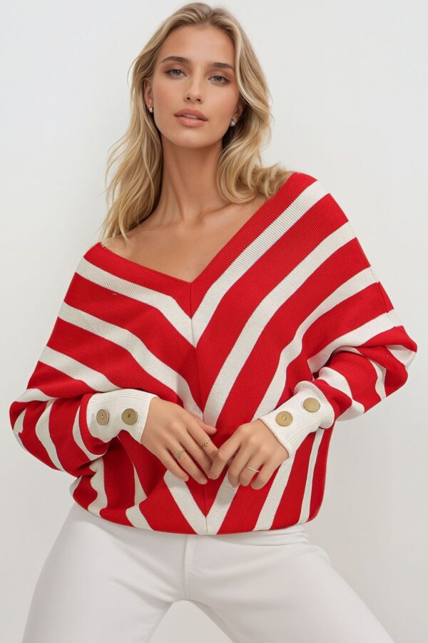 Trend Alaçatı Stili Women's Red V-Neck Bias Striped Oversize Knitwear Sweater
