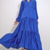 Trend Alaçatı Stili Women's Saks Crew Neck Buttoned Flounced Skirt Gathered Viscose Dress