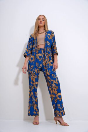 Trend Alaçatı Stili Women's Saks Patterned Crinkle Kimono Jacket Set