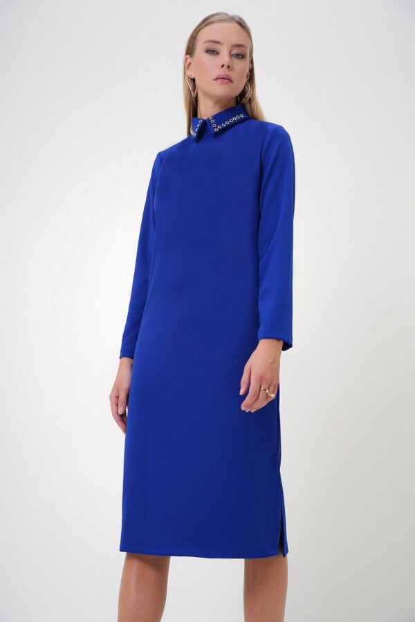 Trend Alaçatı Stili Women's Saxe Shirt Collar Bird Eye Detailed Crepe Knit Dress with Two Side Slits