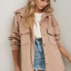 Trend Alaçatı Stili Women's Stone Velvet Cotton Double Pocket Oversize Jacket Shirt