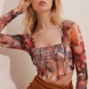 Trend Alaçatı Stili Women's Tile Square Neck Front Stitch Detail Patterned Crop Tulle Blouse