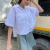 Trend Alaçatı Stili Women's White Double Pocket Linen Half Sleeve Shirt