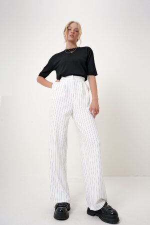 Trend Alaçatı Stili Women's White Double Pocket Pleated Striped Palazzo Pants