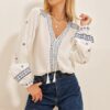 Trend Alaçatı Stili Women's White V Neck Embroidery Detailed Woven Blouse