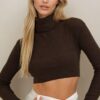 Trend Alaçatı Stili női barna garbó bordázott alap crop body blúz