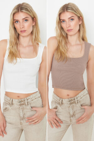 Trendyol 2-Pack Mink-Ecru Fitted Ribbed Elastic Knitted Blouse Trendyol 2-Pack Mink-Ecru Fitted Ribbed Elastic Knitted Blouse