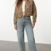 Trendyol Animal Leopard Patterned Crop Hooded Knitted Sweatshirt