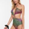 Trendyol Animal Print mély V-nyakú kivágott / ablakos normál lábú fürdőruha