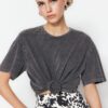 Trendyol Anthracite 100% Cotton Faded Effect Boyfriend/Wide Fit Crew Neck Knitted T-Shirt