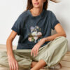Trendyol Anthracite 100% Cotton Printed and Faded Effect Oversize/Wide Pattern Knitted T-Shirt