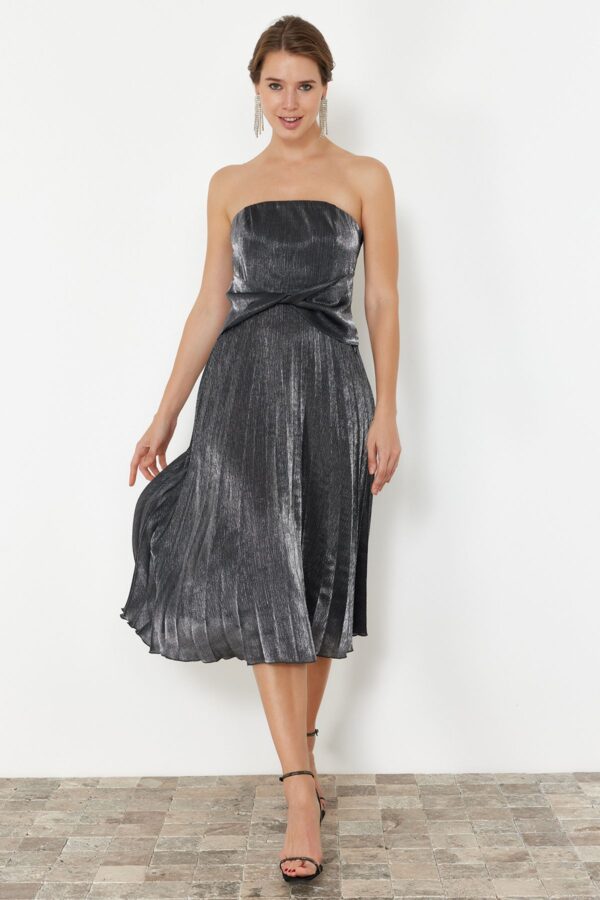 Trendyol Anthracite A-Cut Pleated Shiny Woven Elegant Evening Dress