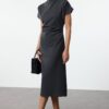 Trendyol Anthracite A-Line Cowl Neck Midi Crepe Woven Dress