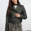 Trendyol Anthracite Aged Detailed Faux Leather Biker Jacket Coat