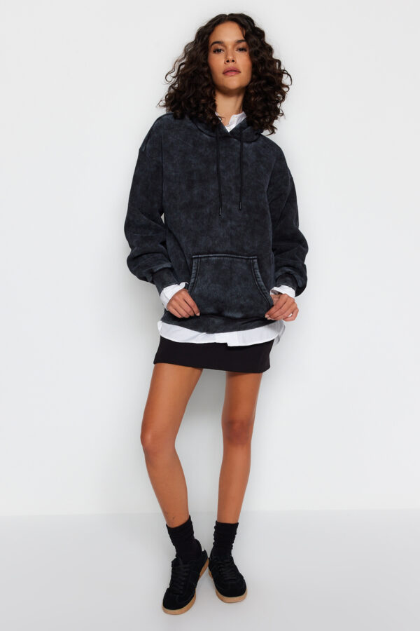 Trendyol Anthracite Anthracite/Faded Effect Thick Fleece Oversized Fit Hoodie