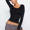 Trendyol Anthracite Antique/Faded Effect Ribbed Pool Neck Fitted Cotton Knitted Blouse