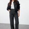 Trendyol Anthracite Belted Straight/Straight Cut Woven Fabric Trousers