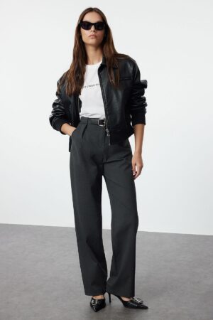 Trendyol Anthracite Belted Straight/Straight Cut Woven Fabric Trousers