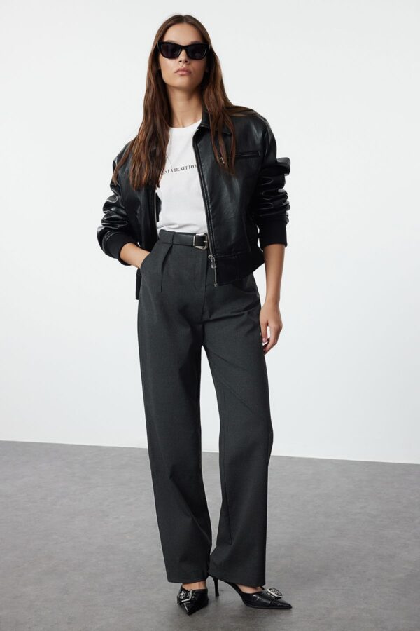 Trendyol Anthracite Belted Straight/Straight Cut Woven Fabric Trousers