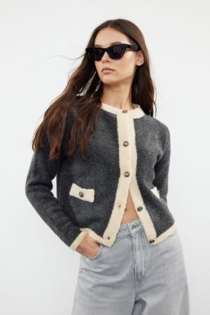 Trendyol Anthracite Boucle Yarn Color Block Jacket-Look Knitwear Cardigan