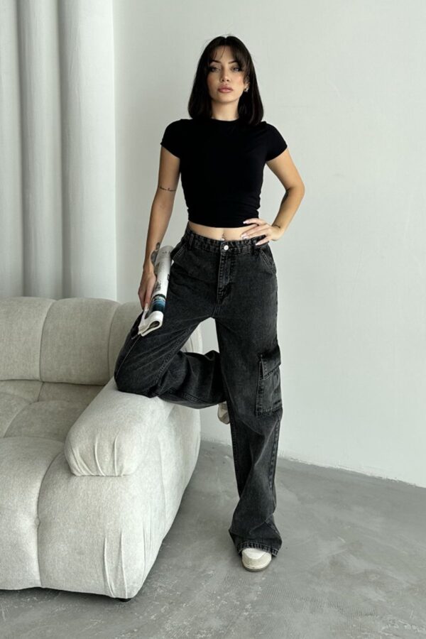 Trendyol Anthracite Cargo Pocket High Waist Wide Leg Jeans