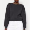 Trendyol Anthracite Comfort Fit Crop Basic Crew Neck Thick Fleece Knitted Sweatshirt