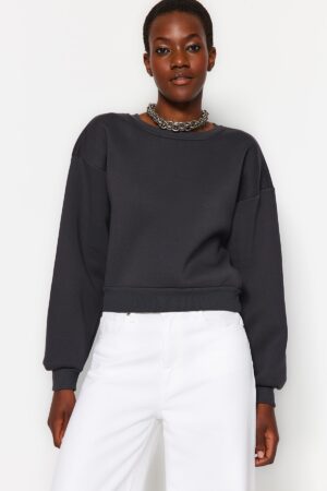 Trendyol Anthracite Comfort Fit Crop Basic Crew Neck Thick Fleece Knitted Sweatshirt Trendyol Anthracite Comfort Fit Crop Basic Crew Neck Thick Fleece Knitted Sweatshirt