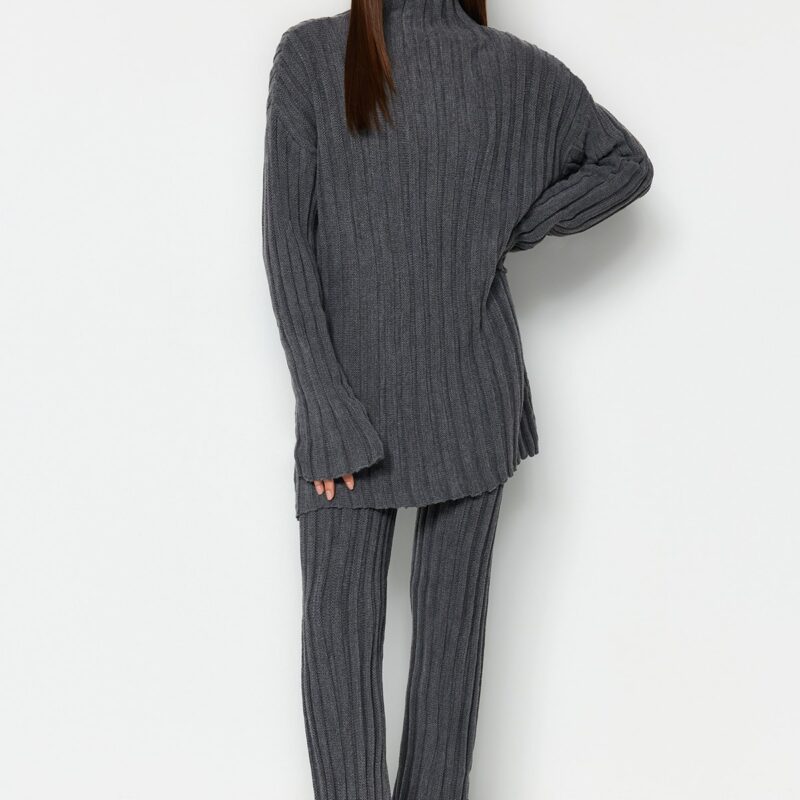 Trendyol Anthracite Corded Trousers Slit Detailed Knitwear Bottom-Top Set