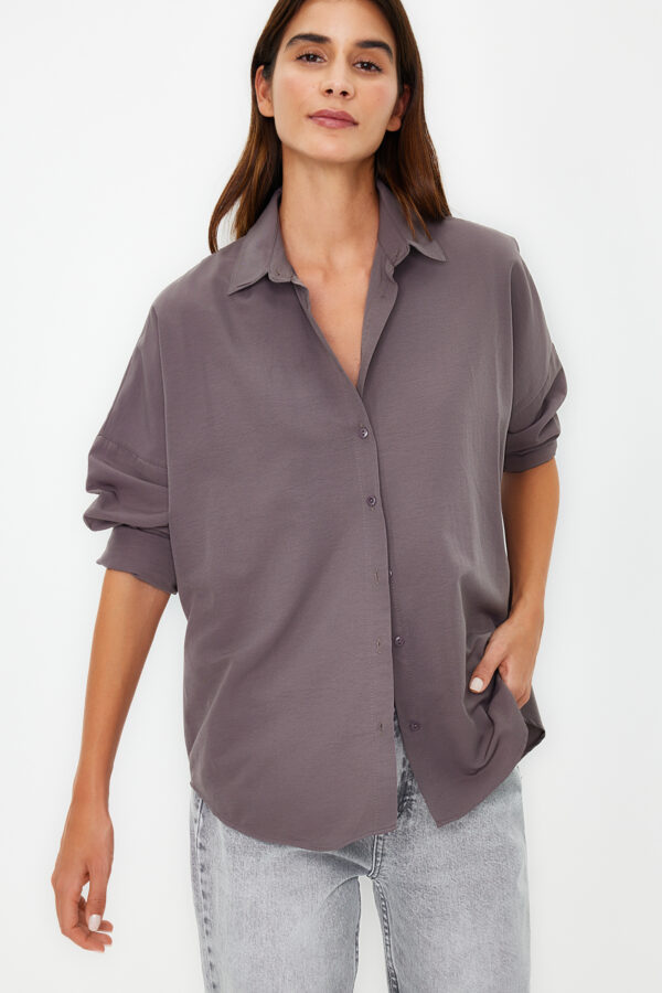 Trendyol Anthracite Cotton Oversize Wide Fit Woven Shirt