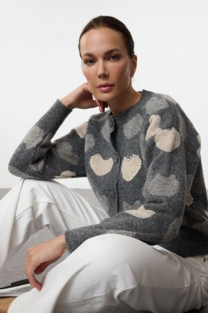 Trendyol Anthracite Crew Neck Heart Detailed Knitwear Cardigan