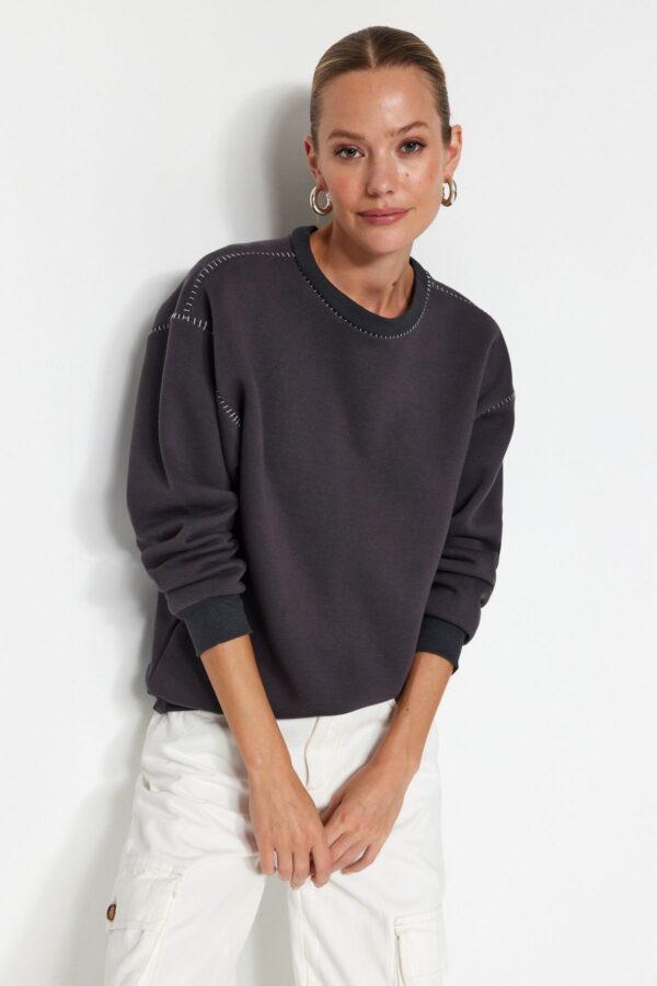 Trendyol Anthracite Crochet Detailed Crew Neck Regular Fit Fleece Inside Knitted Sweatshirt