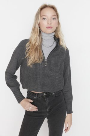 Trendyol Anthracite Crop Zippered Stand Collar Basic Knitwear Sweater