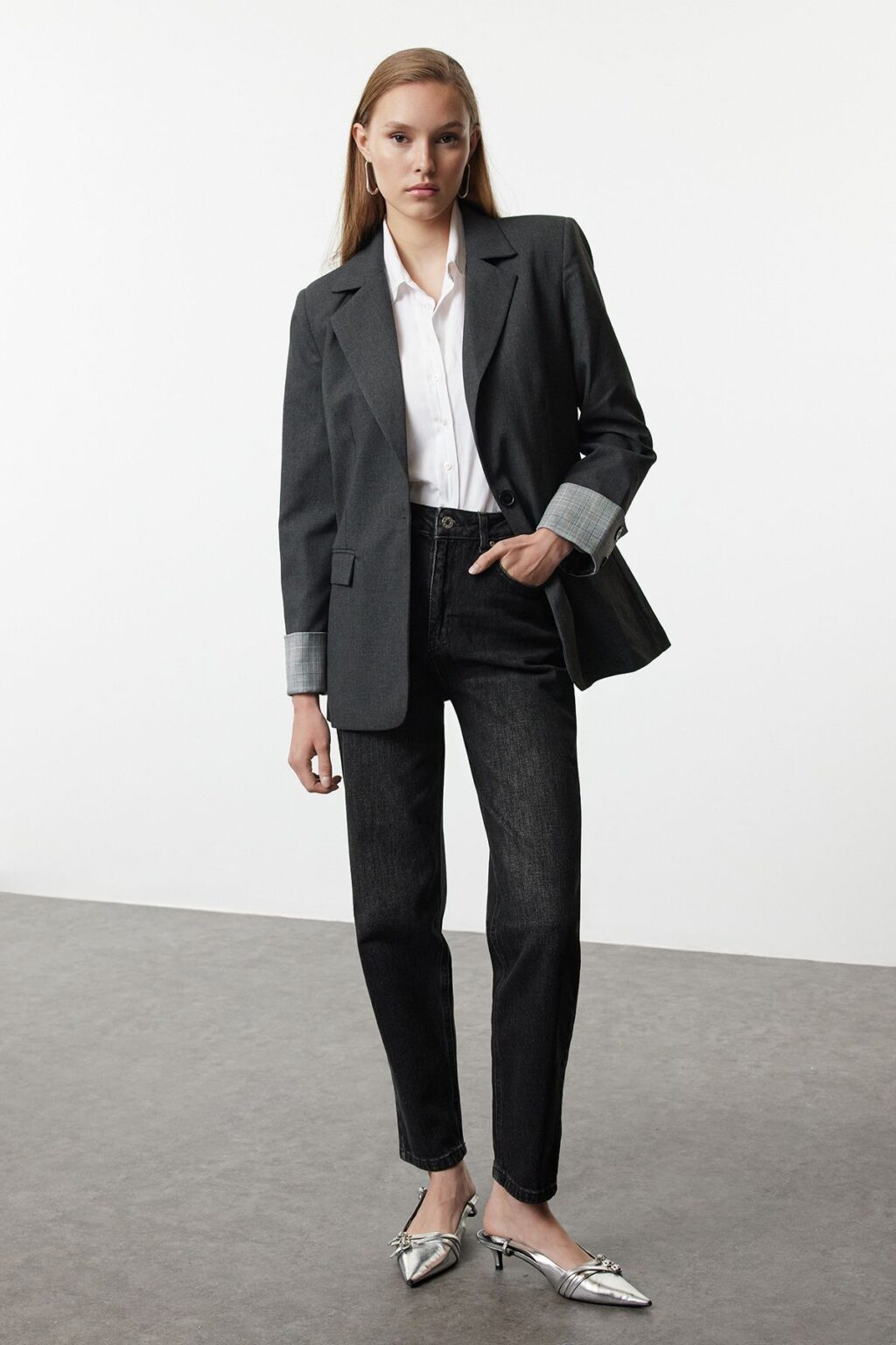 Trendyol Anthracite Cuff Detailed Woven Blazer Jacket