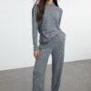 Trendyol Anthracite Hooded Soft Stretchy Knitted Blouse and Trousers Top and Bottom Set