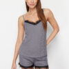 Trendyol Anthracite Lace and Ribbon/Bow Detailed Rope Strap Ribbed Knitted Pajama Set