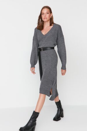 Trendyol Anthracite Maxi kötöttáru V nyakú ruha